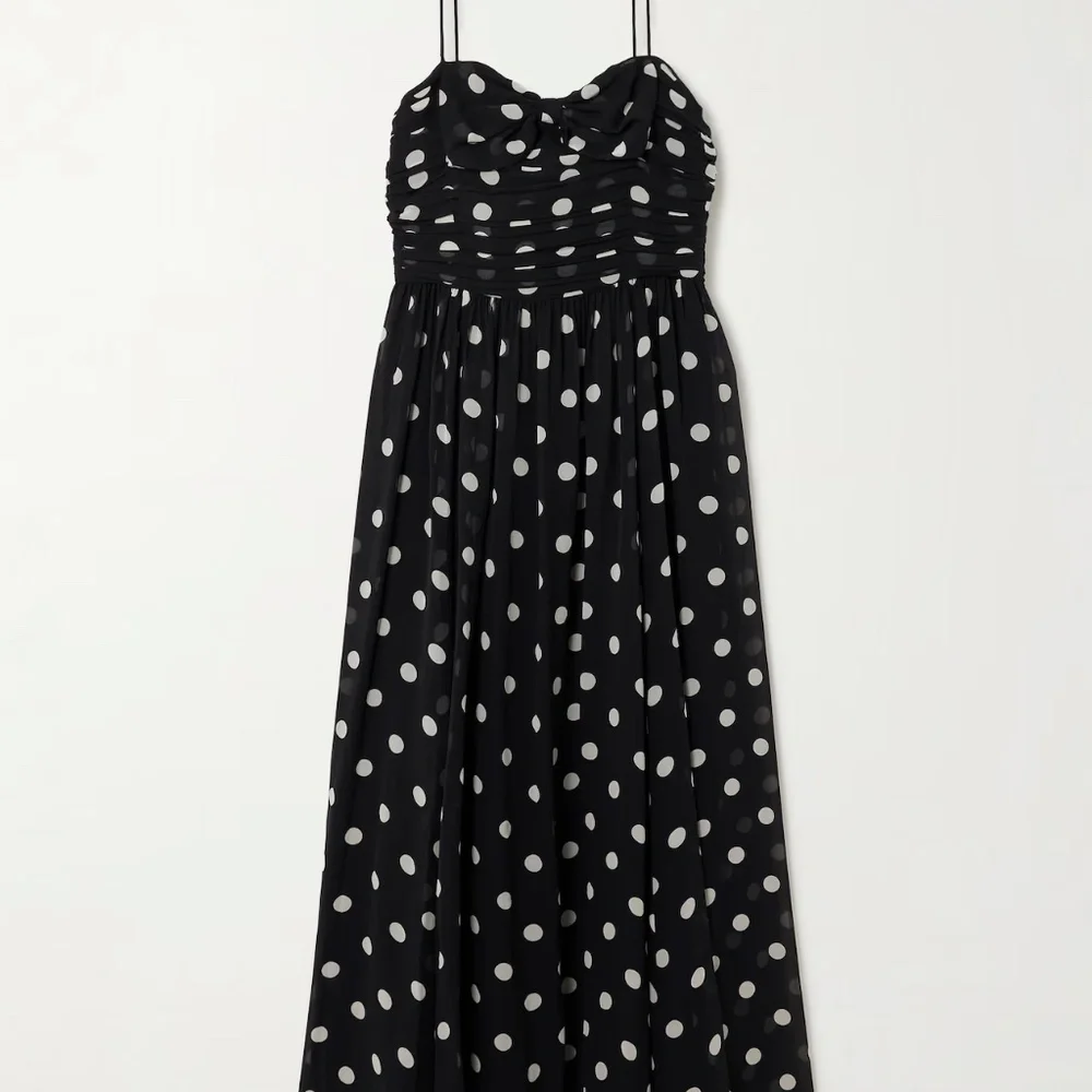 DÔEN Maryanna bow-detailed ruched polka-dot silk-georgette midi dress NWT - Picture 3 of 10